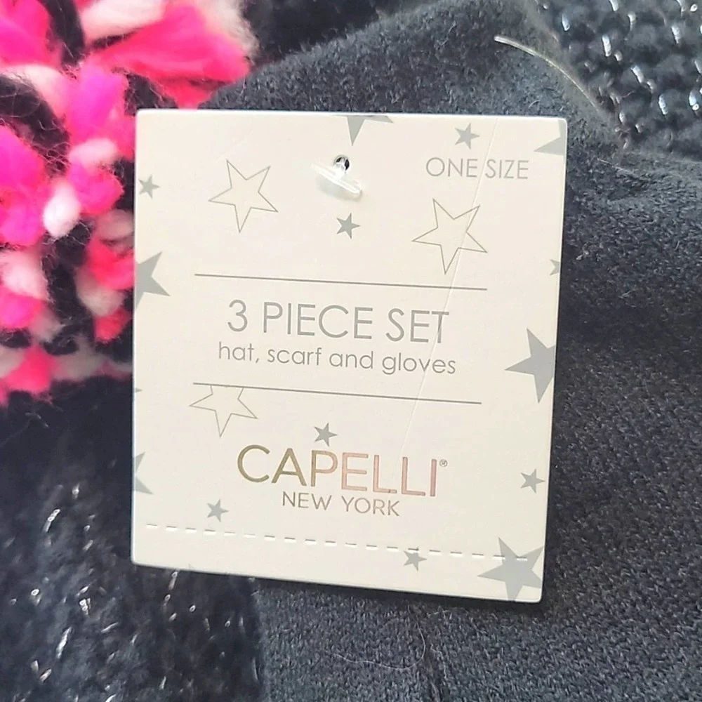 NEW! CAPELLI 3pc. Knit Triangle Scarf, Pom Pom Hat & Glove Gift Set!